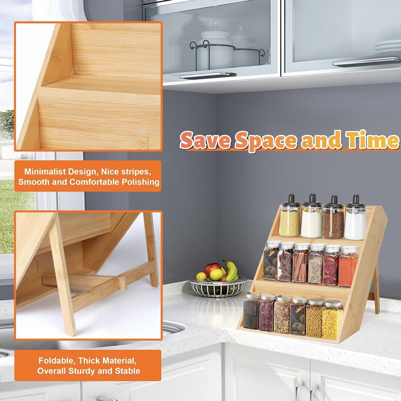 Bamboo Spice Rack Organizer for Cabinet, Foldable 3-Tier Spice Shelf