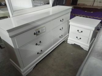 White bedroom set. Special. Price. 4 pcs dresser mirror bed and nightstand