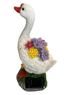 Solar Porch Goose Statue LED Light Up Flowers White Garden Decor Figurine Gift