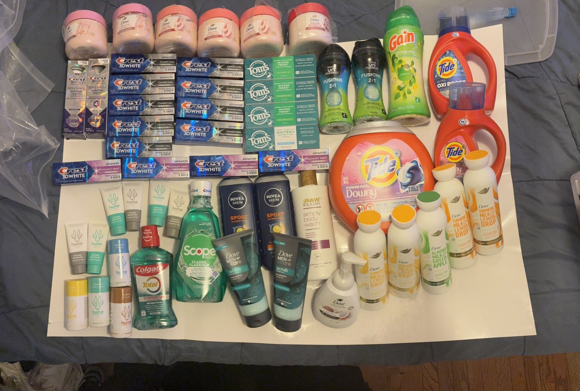 HUGE LOT of Brand Name Personal Care & Laundry Items ( Dove, Crest, Downy, Tide)