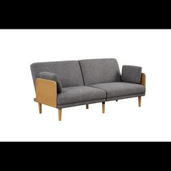 73" Futon Sofa Bed with Wood Legs & Arms, Grey Linen Fabric ASSEMBLED