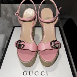 Gucci Pink Leather Double G Espadrille Wedges Size  36 (Box Included)
