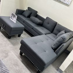 Charcoal Grey Sectional Linen Like Fabric With Pillows Storage Ottoman And Cup Holders Brand New In Box Firm Price $360