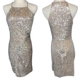 Parker Alina Sequin Halter Ruched Mini Dress in Champagne size 2