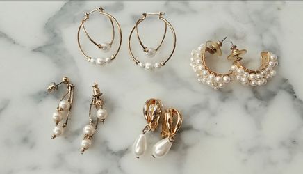 Vintage Gold & Faux Pearl Earring Lot - 4 Pair Variety