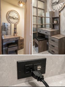 DESK / MAKEUP VANITY console set with a matching  stool and a built-in power strip <>< LIKE NEW <><