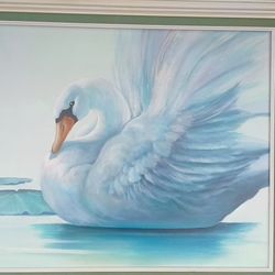 Original Oil Painting Swan On Water With Water Lilly And Lillypad. Calming Scene Blue Aqua  Pink Tones