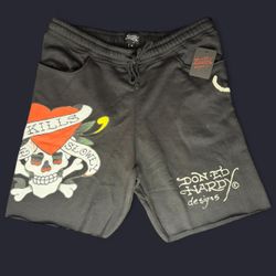 New Ed Hardy black sweatshorts S–L, skull & heart “Love Kills Slowly”