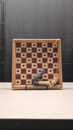 Rustic Wood Heart Pattern Strategy Game with Beaded Pieces