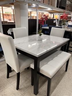 5 Pcs Dining Set White And Black 3 Chairs Bench And Table 