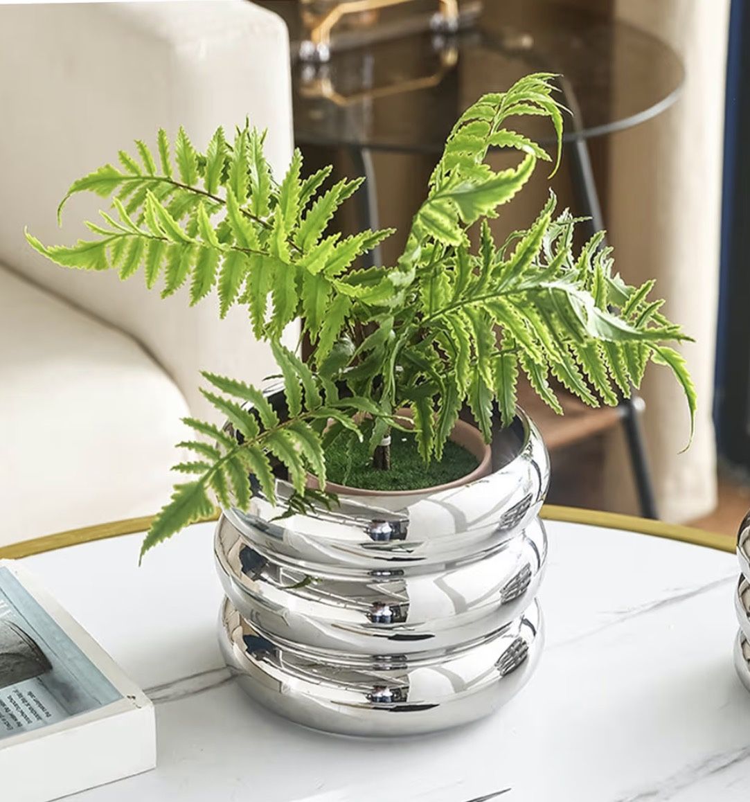 (9999-1) Silver Ceramic Planter with Drainage Holes, Unique Boho Small Flower Pots for Home Garden Office Desktop Decoration, Silver
