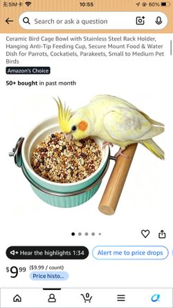 Ceramic Bird Cage Bowl with Stainless Steel Rack Holder, Hanging Anti-Tip Feeding Cup, Secure Mount Food & Water Dish for Parrots, Cockatiels, Parakee