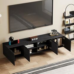 70.87" Mid Century Modern Black TV Stand for 60/65/70/ Inch TVs Industrial Style Media Console, TV Cabinet with Solid Wood Slatted Door, Small Enterta