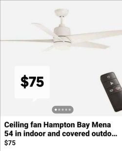 Ceiling fan Hampton Bay Mena 54 in indoor and covered outdoor matte white finish $75 EACH
Hampton Bay MENA 54 IN INDOOR AND COVERED OUTDOOR CEILING FA