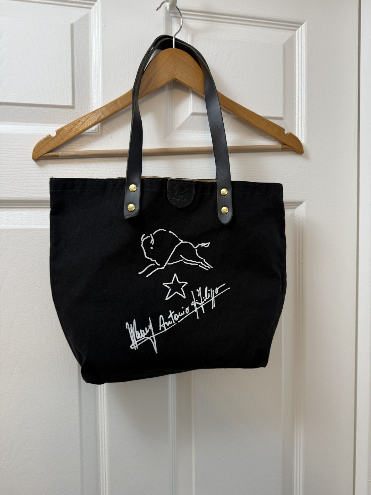 Il Bisonte Canvas Leather Tote Bag with Big Logo, Black