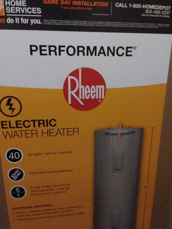 Brand new in the box Rheem Electric hot water Heater. 325 firm. for