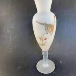 VINTAGE BOHEMIAN CASED GLASS FROSTED WHITE FOOTED HAND-PAINTED BIRD GILDED RIM VASE -No chips, etc