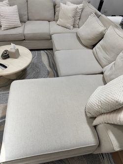Large Beige Fabric Sectional Sofa with Chaise