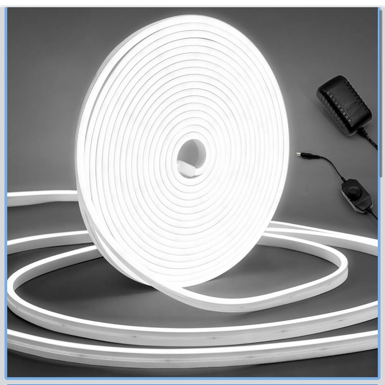 Tira de luces LED de neón, 32.8 pies, color blanco frío, regulable, tira de luces de neón de silicona flexible impermeable para dormitorio, sala de es