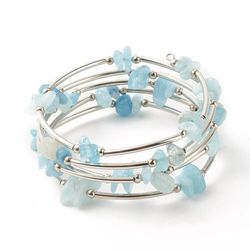 Natural Auqumarine Stainless Steel Layered Bangle Bracelet