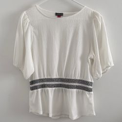 Women's White Puff Sleeve Blouse with Embroidered Waistband