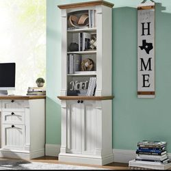 Farmhouse Bookcase with Storage Cabinet, 72" Tall Bookshelf with Adjustable Shelves 4-Tier Open Wood