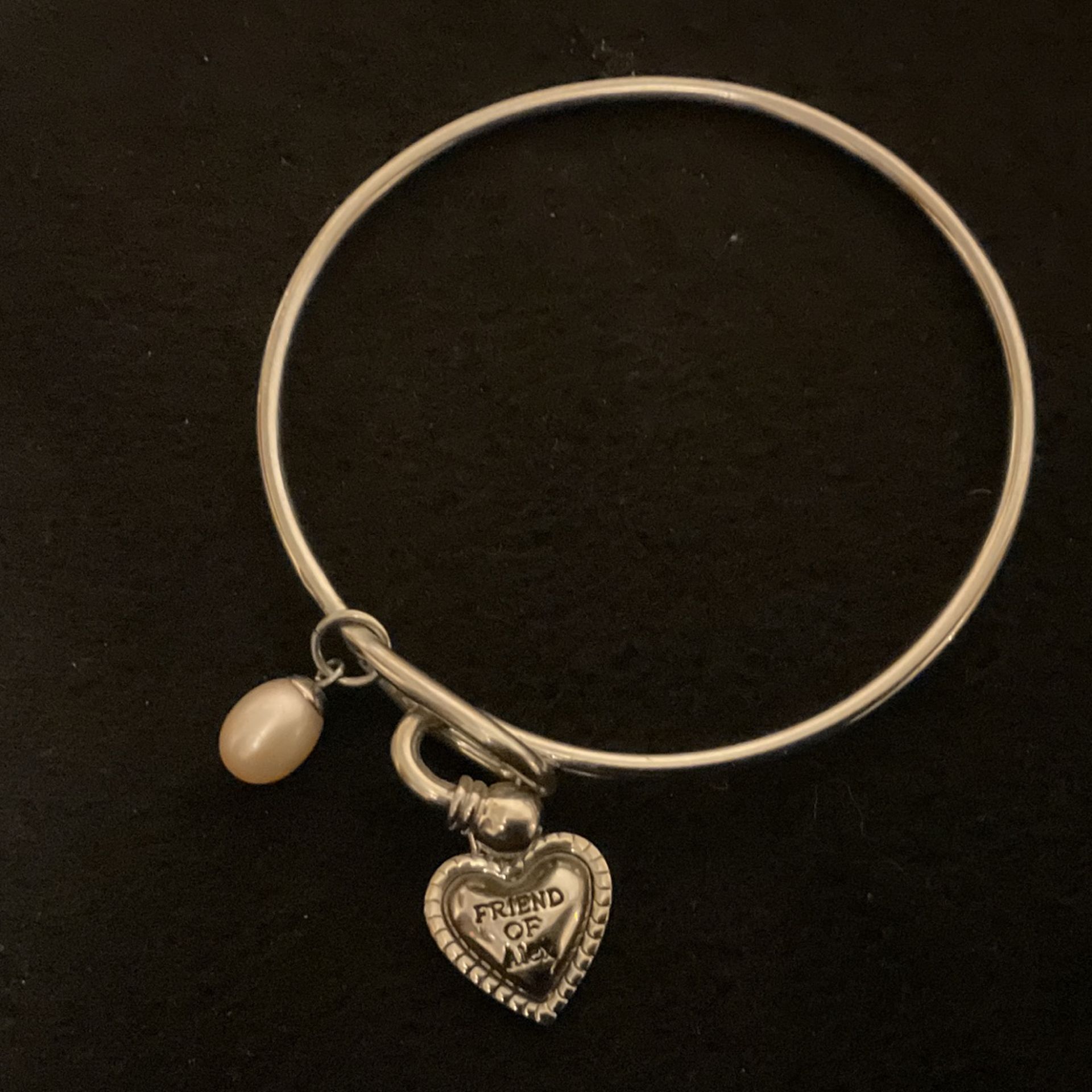 Stainless Steel Bangle Bracelet With Heart And Pearl Charms
