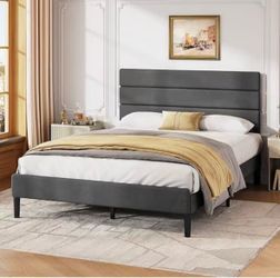 Gray Upholstered Platform Bed Frame