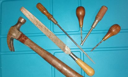 Antique wooden handle Tools Graver, Hammer,  File