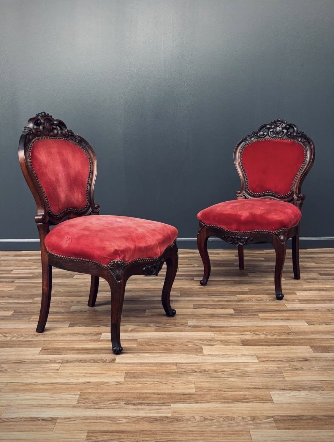 Pair of Victorian Carved Side Chairs with Red Velvet Upholstery, c.1930’s - Delivery Available