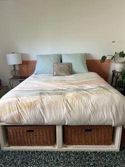 Functional & Funky Queen Bed Frame + Headboard w/ Removable Rattan Storage Baskets
