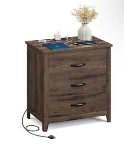 Farmhouse Nightstand with Charging Station, Bedside Table, Side End Table with 3 Drawers, for Bedroom, Taupe Brown ULET679T01