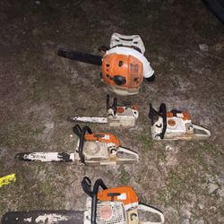 4 chainsaws, 1 blower, chainsaw 194, chainsaw 362, chainsaw 311, chainsaw 291, and the blower. 