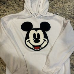 Disney Mickey Mouse Pullover Hoodie Sweatshirt White Crochet Patch Face Size S