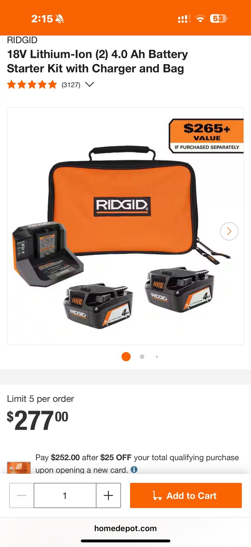 RIDGID 18V Lithium-Ion (2) 4.0 Ah Battery Starter Kit with Charger and Bag
