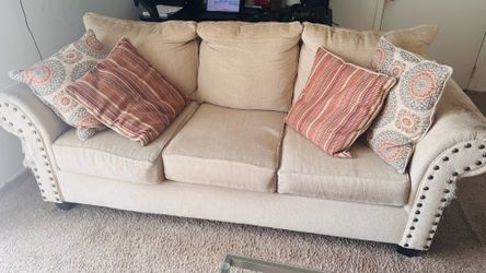Cream Upholstered Sofa with Nailhead Trim — 76 inches — Pet-Friendly Style