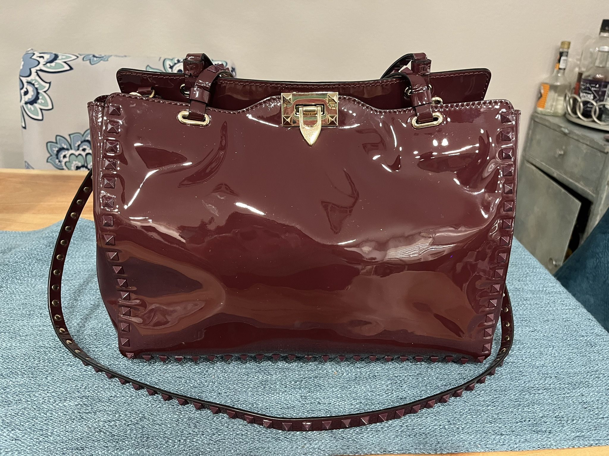 Valentino Garavani Rockstud Tote Patent Medium Red Burgundy