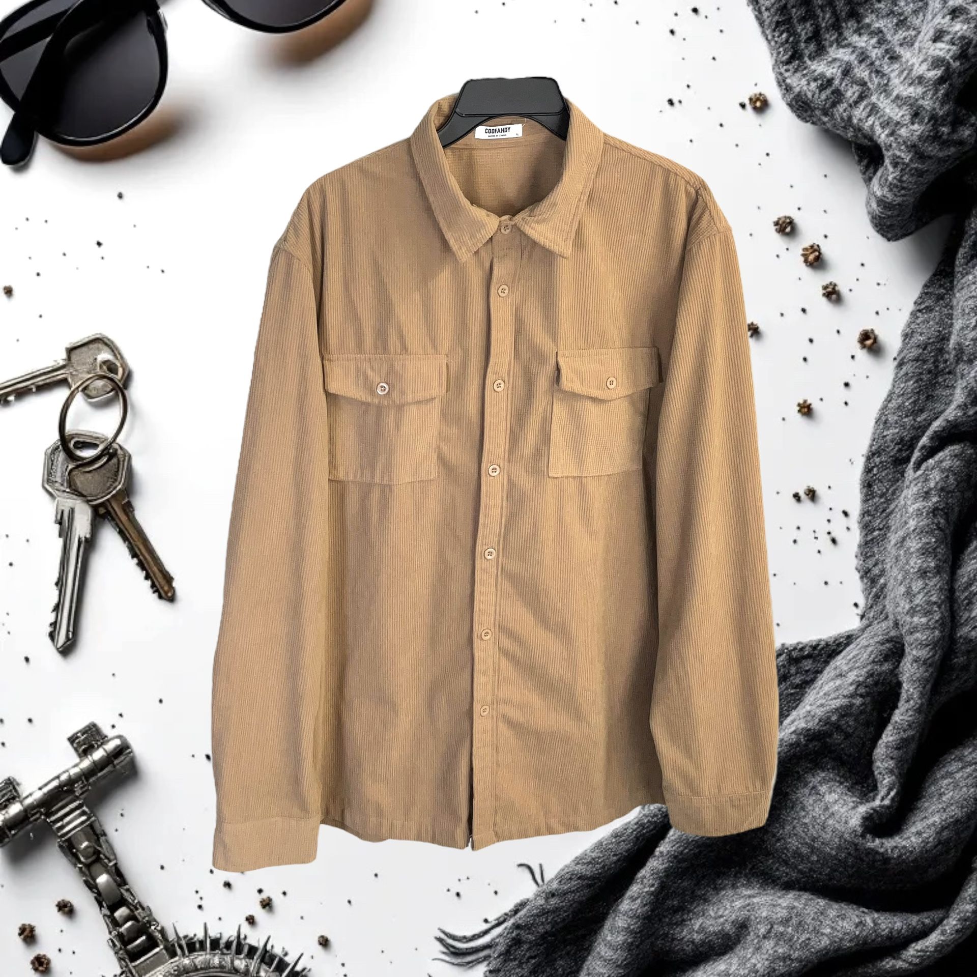 Coofandy Tan Camel Brown Waffle Texture Button Shirt Men Size XL