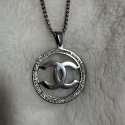 Fun Fancy Cz And Silver tone CC Pendant And Long Chain