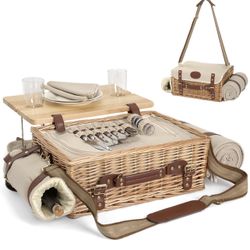 New! Satisinside Complete Luxury Picnic Basket! Real Plates! Real Silverware! Built In Table!