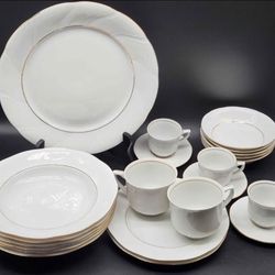 Korona Polish Fine Porcelain China Pieces - Wavy Gold Rimmed Bowls, Plates, Cups, Dinnerware
