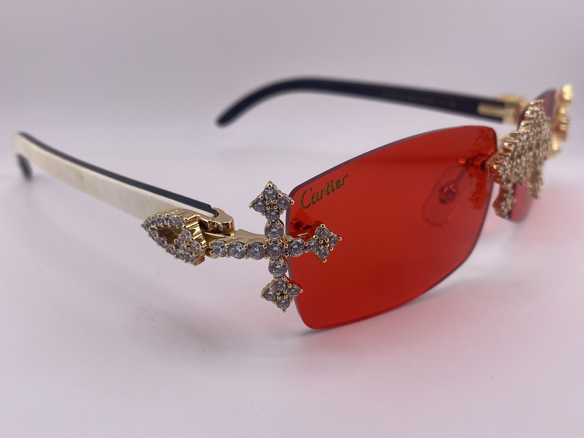 Iced Out Crosses Cartier Sunglasses White Buffs