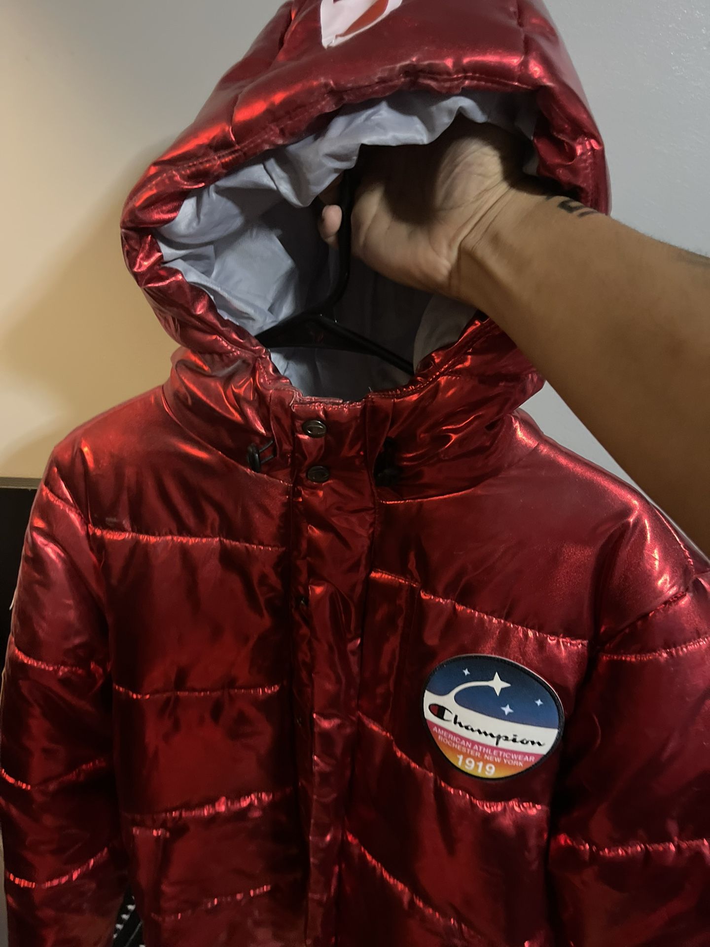 Winter Champion Bubble Jacket With Champion Word On Hoodie