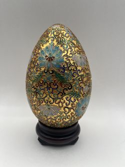 Vintage Cloisonne Enamel Egg with Wood Base. Heigh: 7.75”