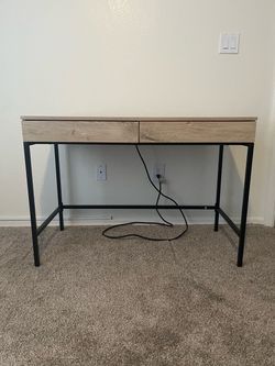 Modern Desk with Two Drawers and Charging Station Light Wood Finish