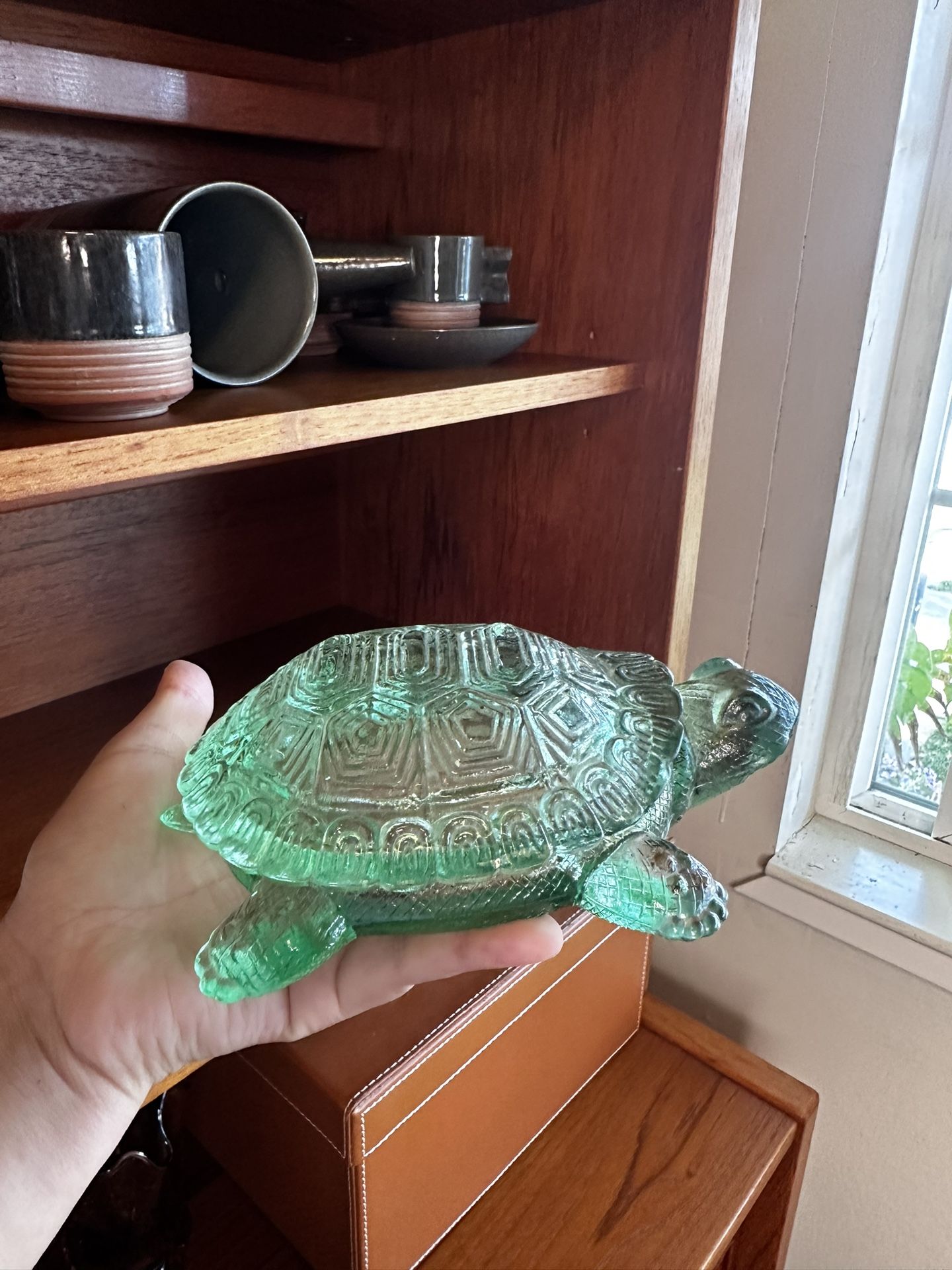 Large Vintage Green Glass Turtle Trinket Box, Dish,Lidded Turtle Tortoise Pressed Glass Trinket Box,