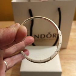 Pandora Authentic Brand New Sterling Silver Solid Signature ID Logo  Open Bangle 6.7  Inches Solid 