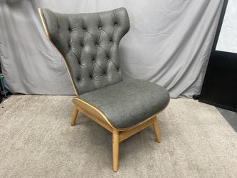 Distressed Dark Grey Tufted MCM Style Lounge Chair w/ Natural Wood Frame