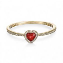 New Monet Jewelry Gold Tone Red Glass Heart Bangle Bracelet Gift Boxed