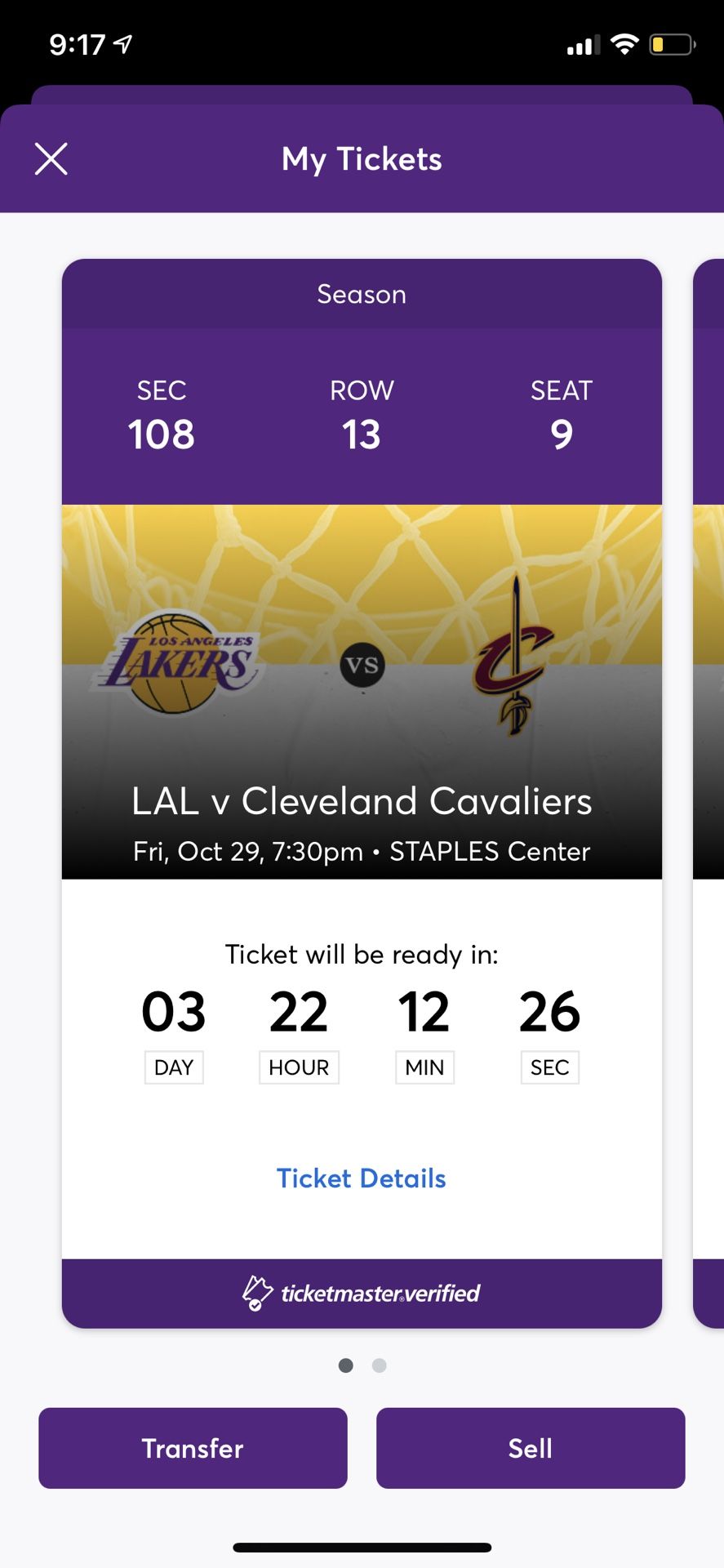 Lakers Cavaliers (October 29th) 2 Tickets Section 108 Row 13